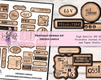Junk Journal Kit, Vintage Labels, Grungy Labels,  Numbers, Collage Sheet, Download