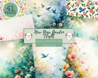 Watercolor Garden Junk Journal Kit, Botanical Printable (41 Pages, Digital Download)