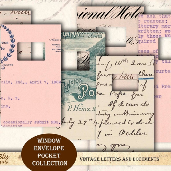 Printable Journal Kit, Window Envelope Pockets, Vintage Documents, Digital Kit, Junk Journal, 10 Pockets