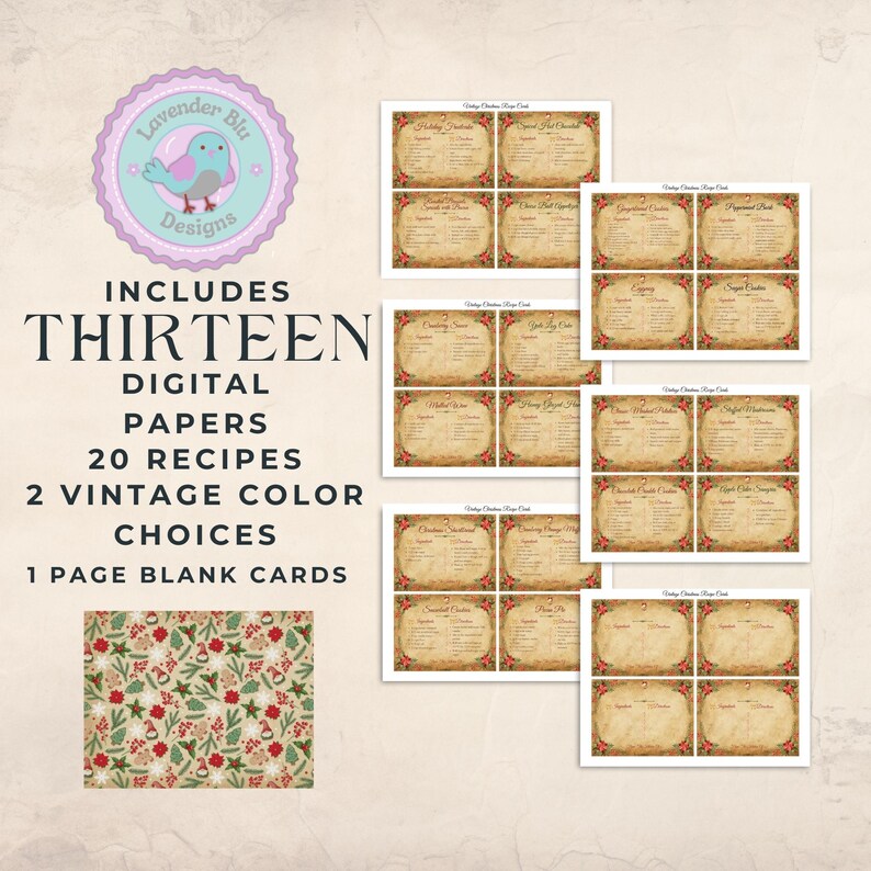 Christmas Recipes Junk Journal Kit - Printable Recipe Cards for Holiday Crafting - Digital Download Supplies