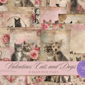 Valentines Junk journal kit, Cats and Dogs, Digital Journal Kit, Printable, Love, Romance Papers, Vintage Scrapbook