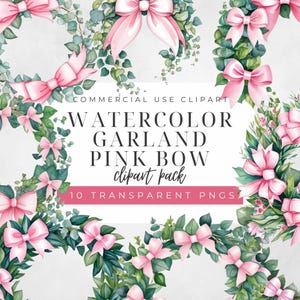Pink Bow Watercolor Clipart - Garland - Vintage Holiday Wreath - Digital Download
