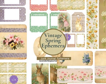 Vintage Spring Ephemera, Floral Bunny Journal Cards, Scrapbooking Tags (Digital Download)