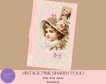 May include: Printable four-fold folio with a vintage pink shabby chic design. The front cover features a young girl wearing a hat with flowers and a lace border.