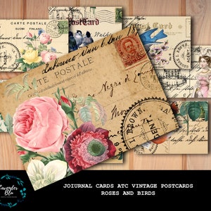 Kit de diário para impressão Cartões postais vintage ATC Scrapbook Ephemera Rosas e pássaros
