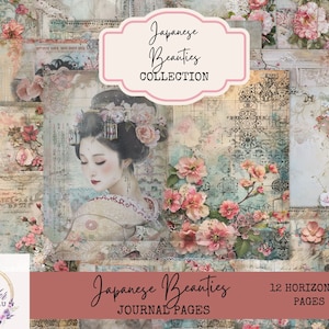 Kit di diario spazzatura giapponese, orientale, carta di diario, pagine, album di ritagli, carta digitale, donne giapponesi