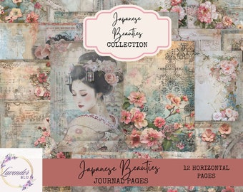 May include: A digital collage of 12 horizontal journal pages featuring a Japanese woman in traditional clothing, delicate pink flowers, and vintage-inspired patterns. The text "Japanese Beauties Collection" is displayed in a pink banner.