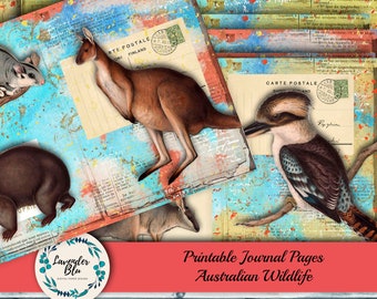May include: Printable journal pages featuring Australian wildlife. The pages have a vintage postcard aesthetic with images of a kangaroo, a kookaburra, a wombat, and a possum. The text "Printable Journal Pages Australian Wildlife" is printed on a red banner.