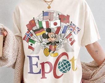 Comfort Colors® Epcot-shirt, vintage jaren 90-stijl Mickey Flags of Nations WDW uniseks T-shirt, Disney Epcot World Tour, Disney Family Trip 2026-T-shirts