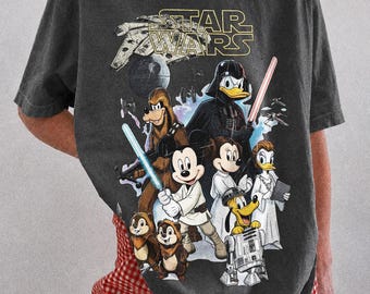 Comfort Colos® retro Disney Star Wars-shirt, vintage Mickey and Friends Jedi-T-shirt, outfit voor familievakantie, sci-fi cartoon graphic T-shirt
