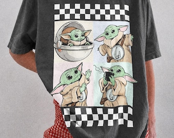 Comfort Colos® Star Wars baby Yoda retro geruit T-shirt, The Mandalorian Grogu-shirt, vintage Star Wars-shirt, shirt Disney Trip 2026