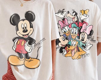 Retro 2-zijdig aangepast shirt met alle Disney-personages, shirt Mickey en vrienden handtekeningen, shirt Magical Kingdom, shirt aangepaste Disney-personages