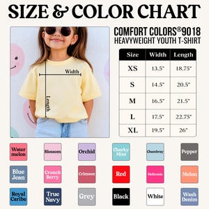 May include: A size and color chart for a Comfort Colors 9018 heavyweight youth t-shirt. The chart includes measurements in inches for sizes XS to XL, and a color palette with options like Watermelon, Blue Jean, and Black.