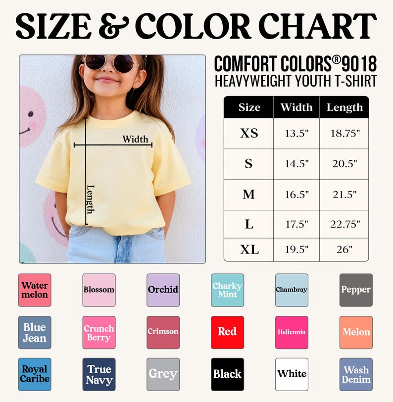 May include: A size and color chart for a Comfort Colors 9018 heavyweight youth t-shirt. The chart includes measurements in inches for sizes XS to XL, and a color palette with options like Watermelon, Blue Jean, and Black.