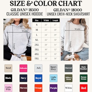 May include: Size and color chart for Gildan 18500 classic unisex hoodie and Gildan 18000 unisex crew-neck sweatshirt. Includes size measurements in inches and a color palette with options like black, navy, and red.