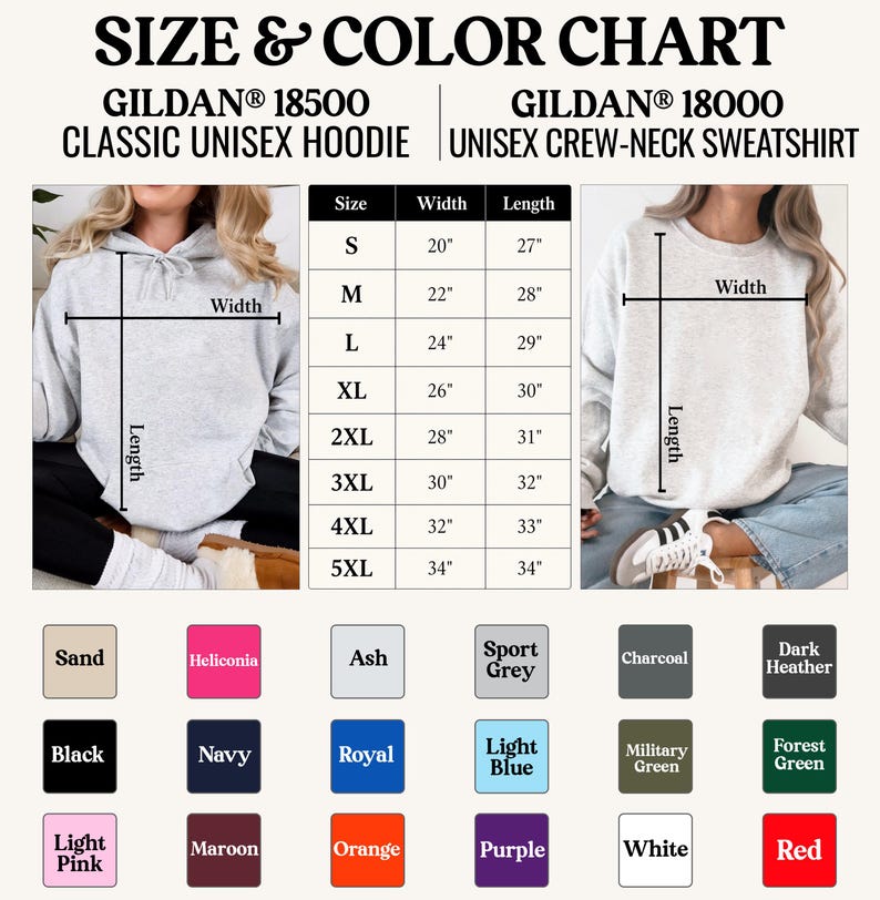 May include: Size and color chart for Gildan 18500 classic unisex hoodie and Gildan 18000 unisex crew-neck sweatshirt. Includes size measurements in inches and a color palette with options like black, navy, and red.