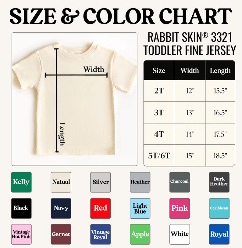 May include: Cream-colored toddler fine jersey t-shirt with size and color chart. The chart shows measurements in inches for sizes 2T to 5T/6T. Color options include Kelly, Natural, Silver, Heather, and more.