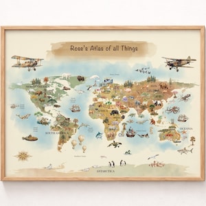 May include: A rectangular wall print titled Rose's Atlas of all Things, featuring a world map with watercolor-style illustrations of animals, landmarks, and vehicles across continents, framed in a light wood border against a plain background.