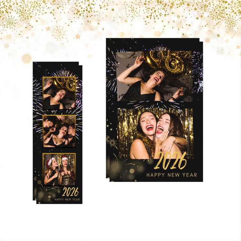Happy New Year Photo Booth Template Gold & Black 6x4, 4x6, 3x4, 2x6