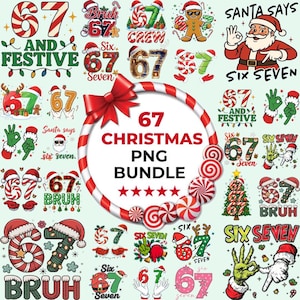 Puede incluir: Una colección de gráficos PNG con temática navideña que presentan el número 67 en varios diseños festivos. Incluye bastones de caramelo, gorros de Papá Noel, hombres de jengibre y el texto "67 Christmas PNG Bundle."