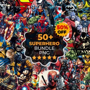 May include: A vibrant collage of superhero illustrations, featuring characters like Batman, Superman, and Spider-Man. The image includes the text "50+ SUPERHERO BUNDLE PNG" with a 50% off promotion. The overall design is dynamic and colorful.