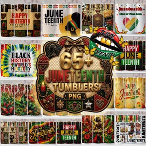 Op de afbeelding: Een digitale collectie van 65+ Juneteenth bekerontwerpen met diverse grafische patronen, waaronder tekst met Happy Juneteenth, Black History en Freedom Day, naast illustraties van vlinders, harten en culturele symbolen.