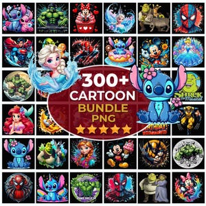 Puede incluir: Una colección de imágenes PNG de personajes de dibujos animados, incluyendo Stitch, Hulk, Elsa, Spider-Man y Mickey Mouse. La imagen presenta el texto "300+ Cartoon Bundle PNG" con cinco estrellas doradas.