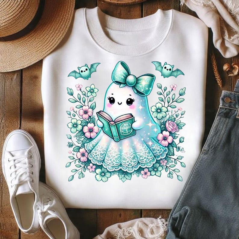 Pode incluir: Uma camisola branca de gola redonda com um gr&aacute;fico de um fantasma fofo com um la&ccedil;o azul-petr&oacute;leo a ler um livro, rodeado por flores cor-de-rosa e azul-petr&oacute;leo e dois pequenos morcegos azul-petr&oacute;leo. O fantasma tem uma bainha de renda.
