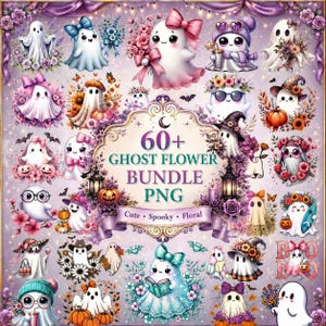 Pode incluir: Uma cole&ccedil;&atilde;o digital de mais de 60 gr&aacute;ficos PNG de fantasmas e flores com v&aacute;rios fantasmas brancos adornados com arranjos florais, la&ccedil;os, chap&eacute;us e ab&oacute;boras. O texto central diz 60+ GHOST FLOWER BUNDLE PNG Cute Spooky Floral.