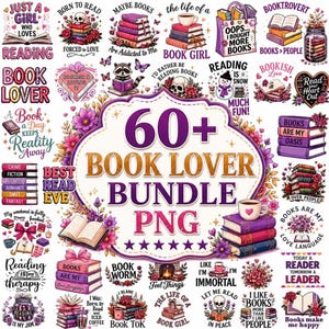 Puede incluir: Una colección digital de más de 60 diseños gráficos con temática de libros que incluyen pilas de libros, detalles florales, tazas de café, calaveras y varias citas inspiradoras sobre la lectura, presentados en un estilo colorido e ilustrativo.