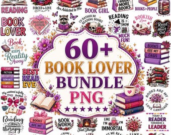 Pode incluir: Uma coleção digital de mais de 60 designs gráficos com temática de livros, apresentando pilhas de livros, detalhes florais, xícaras de café, caveiras e várias citações inspiradoras sobre leitura, em um estilo colorido, decorativo e ilustrativo.