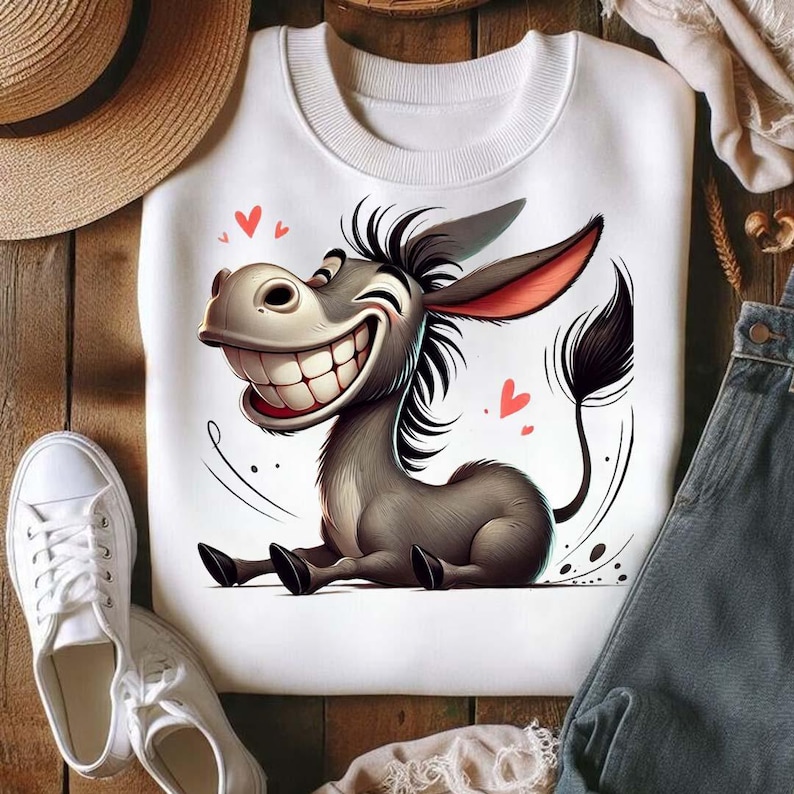 Op de afbeelding: Wit sweatshirt met een cartoon ezel met een grote grijns. De ezel is grijs met zwarte accenten en rode hartdetails. Het sweatshirt wordt gecombineerd met witte sneakers en denim.