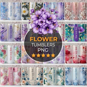 Puede incluir: Una colección de vasos con temática floral con varios diseños, incluyendo rosas, margaritas y patrones abstractos. Cada vaso presenta el texto "Your text here" y la imagen incluye el texto "FLOWER TUMBLERS PNG".