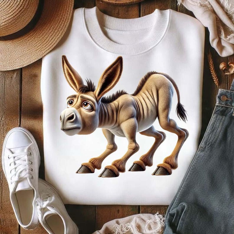 Op de afbeelding: Witte sweatshirt met een cartoon illustratie van een ezel. De ezel is afgebeeld in bruin en beige met grote oren en een verdrietige uitdrukking. De sweatshirt heeft een ronde hals en lange mouwen. Casual kleding.