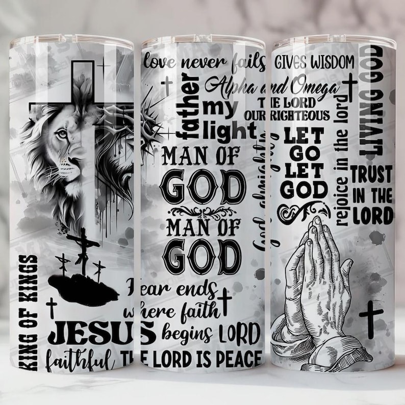 May include: Three stainless steel tumblers with religious themes. One features a lion and cross, another has text including "Man of God", and the third displays praying hands and the words "Living God".
