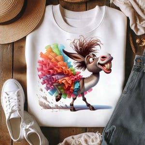 Op de afbeelding: Witte sweatshirt met een cartoon ezel met een kleurrijke gerimpelde rok. De ezel lacht en is in beweging. De rok is gemaakt van lagen oranje, roze, blauwe, groene en paarse stof. De sweatshirt heeft een ronde hals.