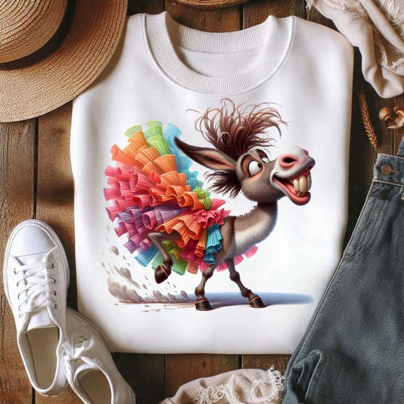 Op de afbeelding: Witte sweatshirt met een cartoon ezel met een kleurrijke gerimpelde rok. De ezel lacht en is in beweging. De rok is gemaakt van lagen oranje, roze, blauwe, groene en paarse stof. De sweatshirt heeft een ronde hals.
