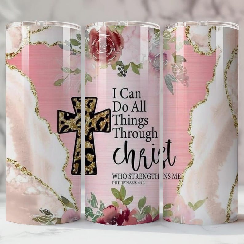 May include: A stainless steel tumbler with a pink and white marble design, gold accents, and floral illustrations. The tumbler features a leopard print cross and the text "I Can Do All Things Through Christ".