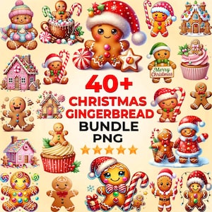 May include: A collection of colorful Christmas gingerbread characters and houses. The image includes gingerbread men, houses, cupcakes, and candy canes. Text reads "40+ Christmas Gingerbread Bundle PNG".