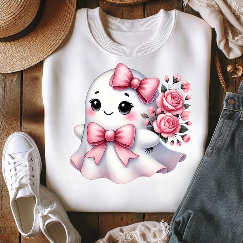 Pode incluir: Uma camisola branca de gola redonda com um gr&aacute;fico central de um fantasma de desenho animado com olhos pretos grandes, bochechas rosadas e dois la&ccedil;os cor-de-rosa. O fantasma segura um ramo de rosas cor-de-rosa e folhas verdes.