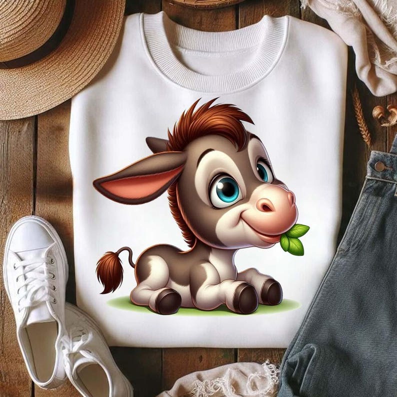 Op de afbeelding: Witte crewneck sweatshirt met een cartoon ezel. De ezel heeft bruin en grijs haar, blauwe ogen en houdt groene bladeren vast. De sweatshirt ligt op een houten ondergrond. De ezel ligt op een stuk groen gras.
