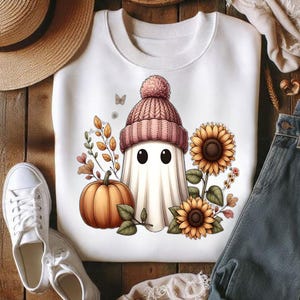 Pacote com mais de 60 imagens PNG de fantasmas e flores, incluindo imagens fofas de fantasmas para sublimação no Halloween, imagens PNG de fantasmas florais, clipart de garotas para a temporada assustadora, imagens PNG de fantasmas fofos e imagens PNG de fantasmas engraçados. imagem 10