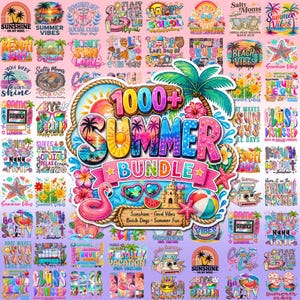 Könnte beinhalten: Eine Sammlung farbenfroher Grafiken zum Thema Sommer, darunter Texte wie "Summer Vibes" und "Beach Vibes", sowie Illustrationen eines Flamingos, einer Sonnenbrille und eines Strandballs. Das zentrale Design lautet "1000+ Summer Bundle".