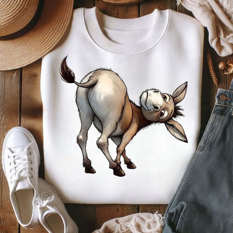 Op de afbeelding: Witte crewneck sweatshirt met een cartoon illustratie van een ezel. De ezel is van achteren afgebeeld, over zijn schouder kijkend. Het kunstwerk is gedetailleerd met bruine en bruinachtige tinten.
