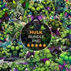 May include: A collage of various Hulk illustrations in shades of green, purple, and white. The image features the text "Hulk Bundle PNG" within a circular frame, along with five gold stars. The Hulk is depicted in various action poses.