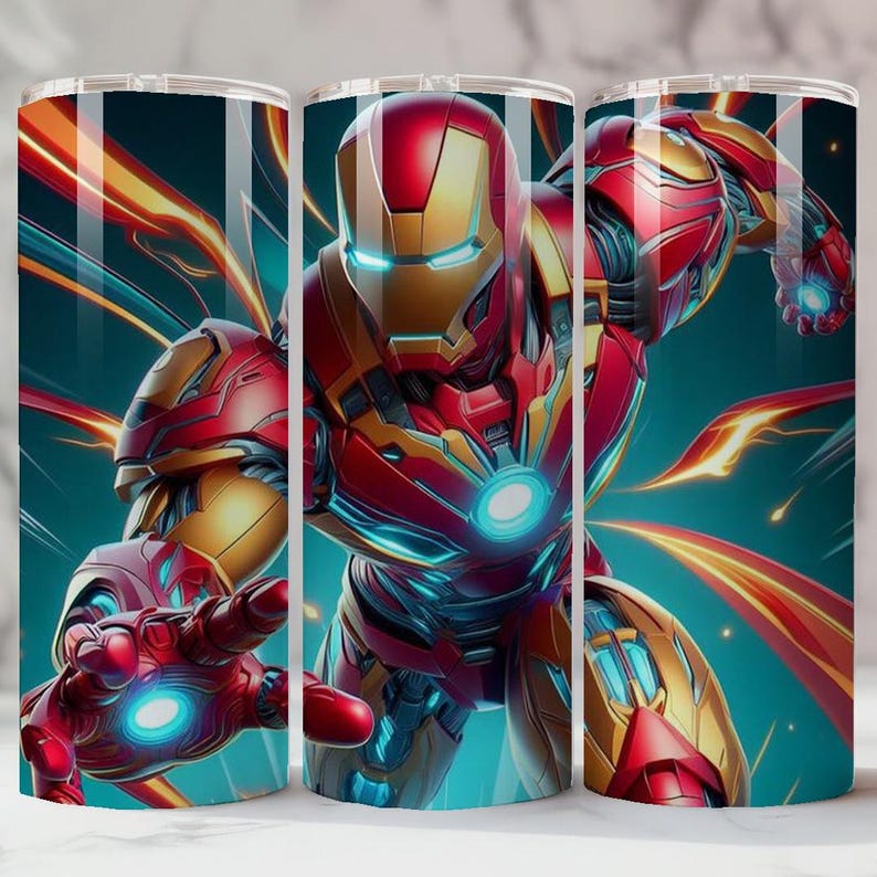 May include: Three stainless steel tumblers with an Iron Man illustration. The design features Iron Man in red and gold armour, with blue energy effects on a teal background. The tumblers are cylindrical and are approximately 20 cm tall.