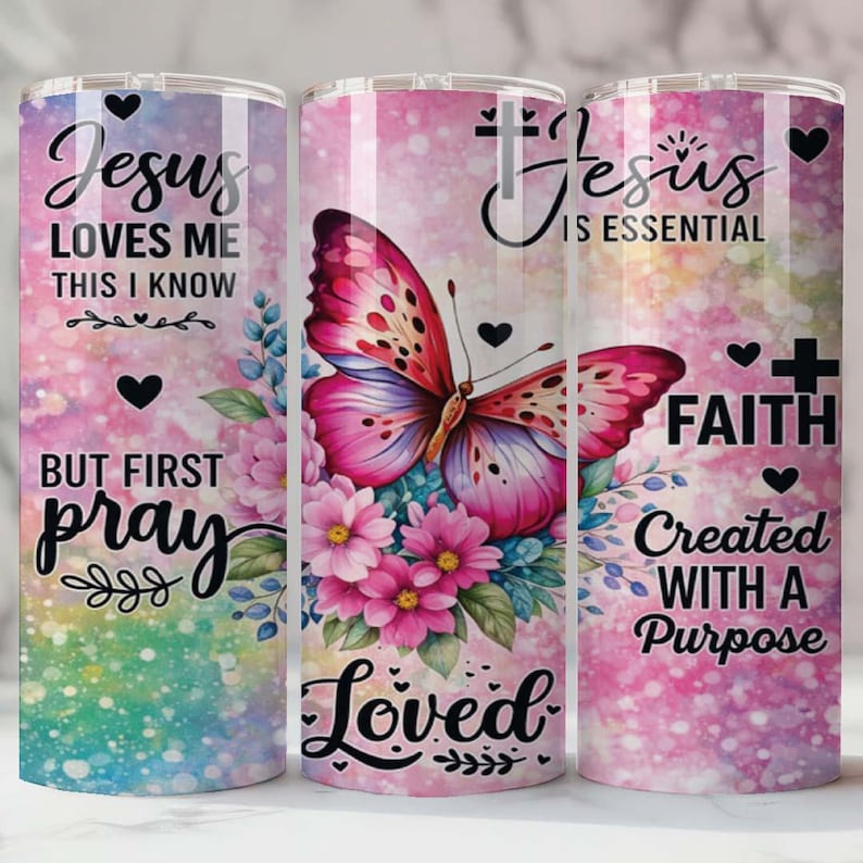 May include: Three stainless steel insulated tumblers with inspirational quotes and floral and butterfly designs. The tumblers feature the phrases "Jesus Loves Me", "But First Pray", "Jesus is Essential", "Faith", and "Created With a Purpose".