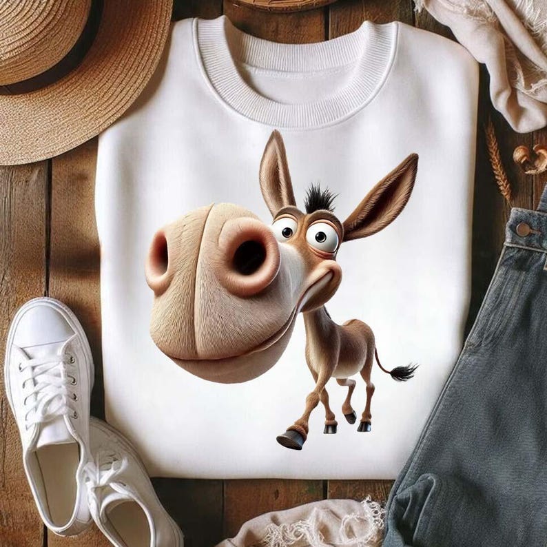 Op de afbeelding: Witte crewneck sweatshirt met een cartoon ezel. De bruine en beige ezel heeft een grote neus en expressieve ogen. De sweatshirt wordt gepresenteerd op een houten oppervlak met witte sneakers en een strohoed.