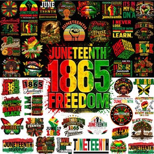Può includere: Un collage di grafiche a tema Juneteenth in rosso, giallo, verde e nero. Il design centrale recita "Juneteenth 1865 Freedom". Altri disegni includono farfalle, pugni e testo come "Black History" e "Celebrate Freedom".