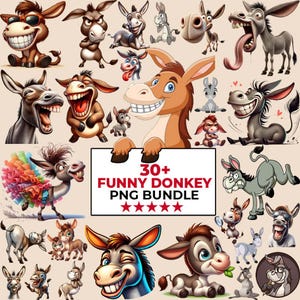 Op de afbeelding: Een verzameling cartoon-ezel illustraties in verschillende poses en uitdrukkingen. De afbeelding bevat ezels met zonnebrillen, glimlachend en hun tong uitstekend. Tekst luidt "30+ FUNNY DONKEY PNG BUNDLE".